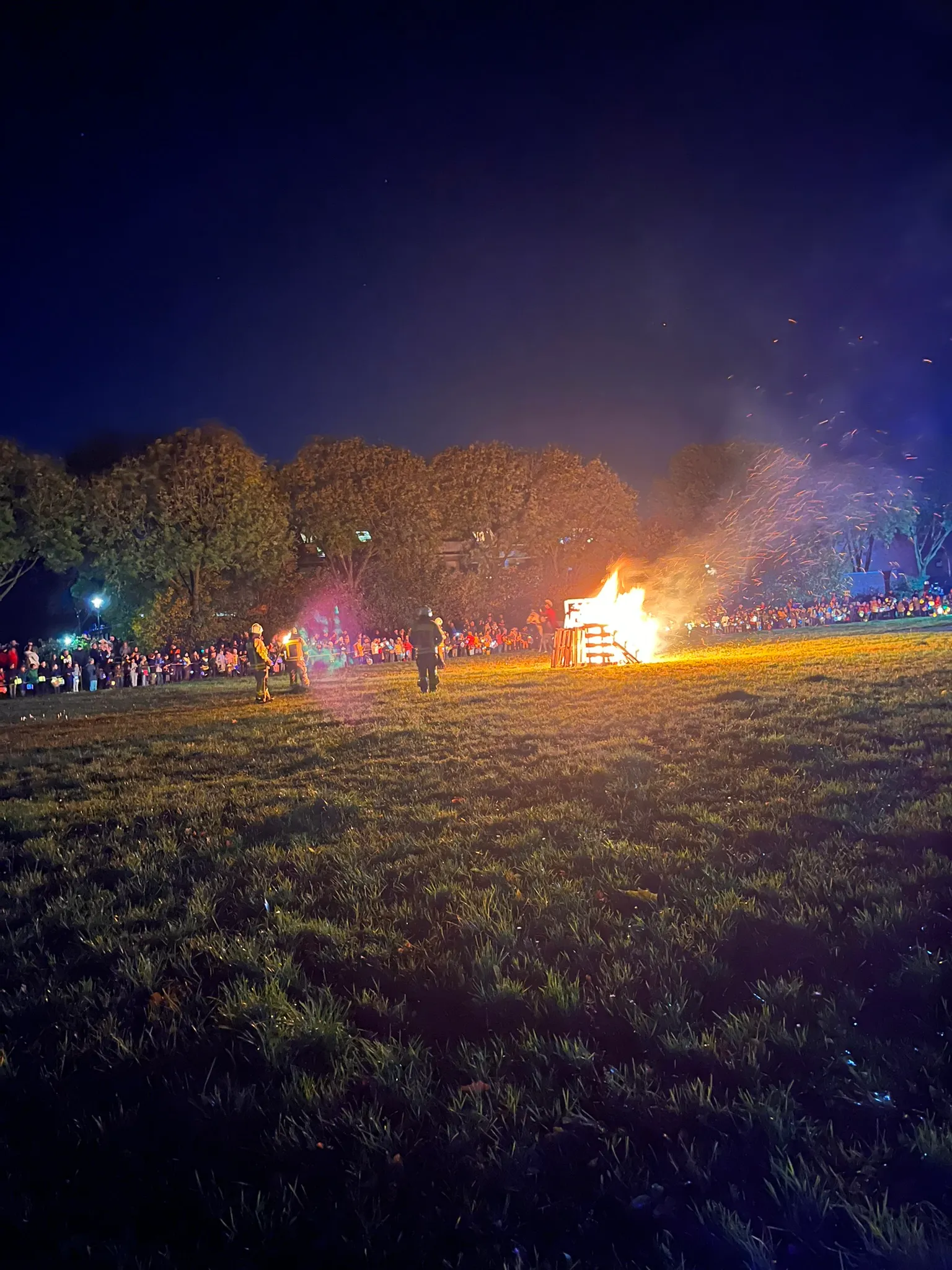 Das große Martinsfeuer auf der Wiese, davor Feuerwehrleute, dahinter viele Zuschauer mit Laternen