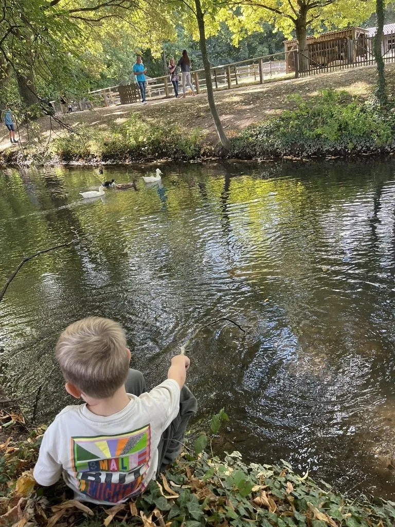 Kind schaut am Ufer eines Sees aufs Wasser
