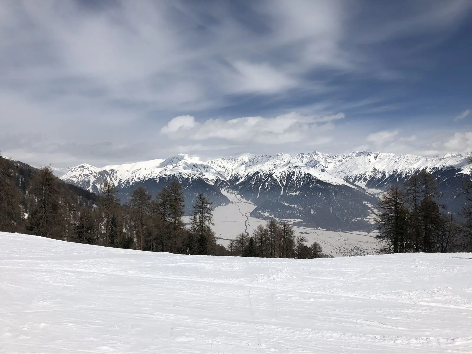 Blick von der Piste am Watles über Lärchen auf die verschneiten Berge des Vinschgaus